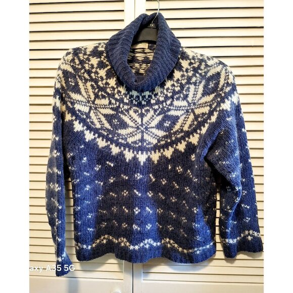 Boundary Waters Womens Blue Nordic Snowflake Sweater With Cowl Neck Size L Acryl - Picture 2 of 6